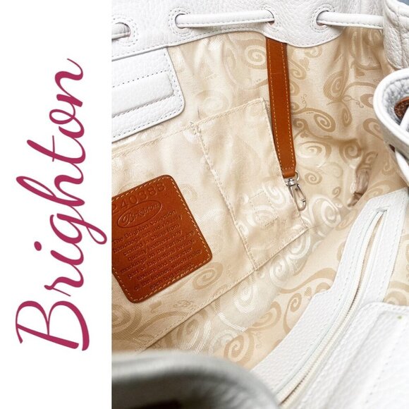 BRIGHTON White & Tan Pebbled Leather Satchel Shoulder Bag Croc Heart Detail - Picture 11 of 15